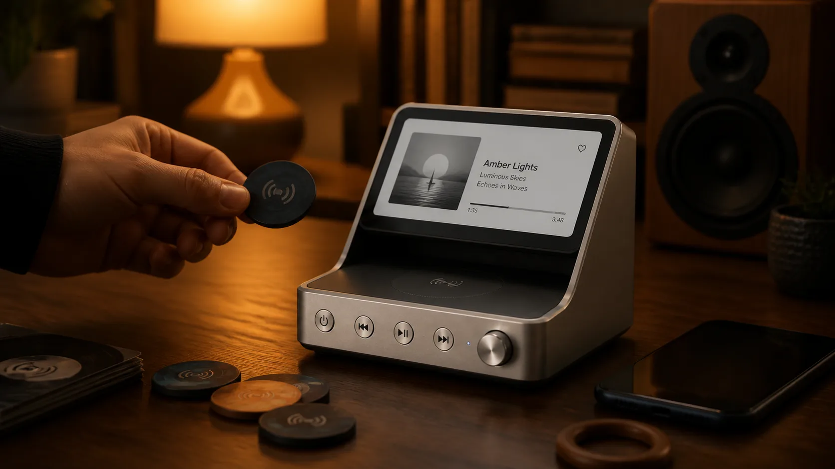 Ficha NFC junto a un reproductor iPlay