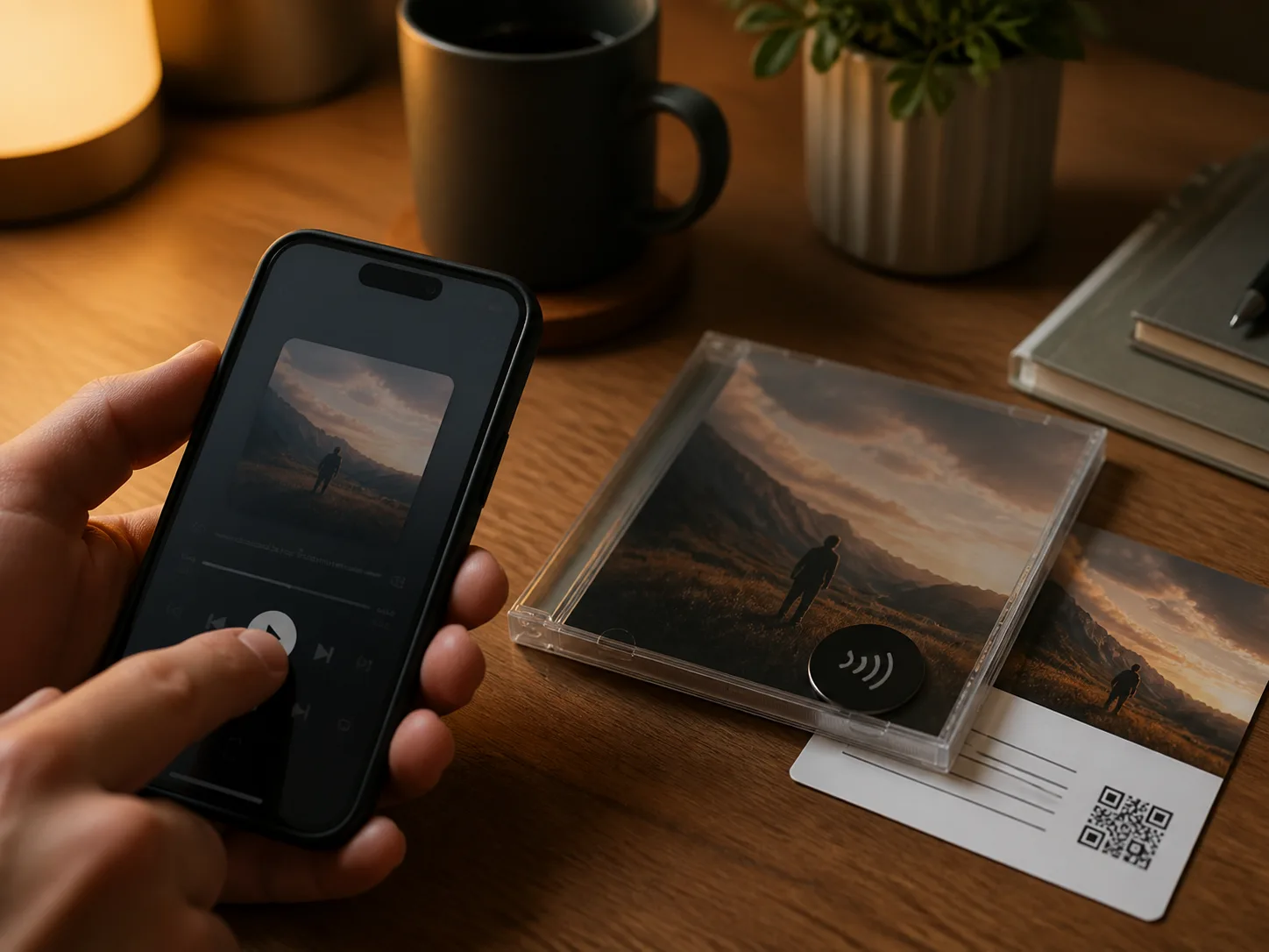 Teléfono abriendo contenido desde una ficha NFC colocada en un CD